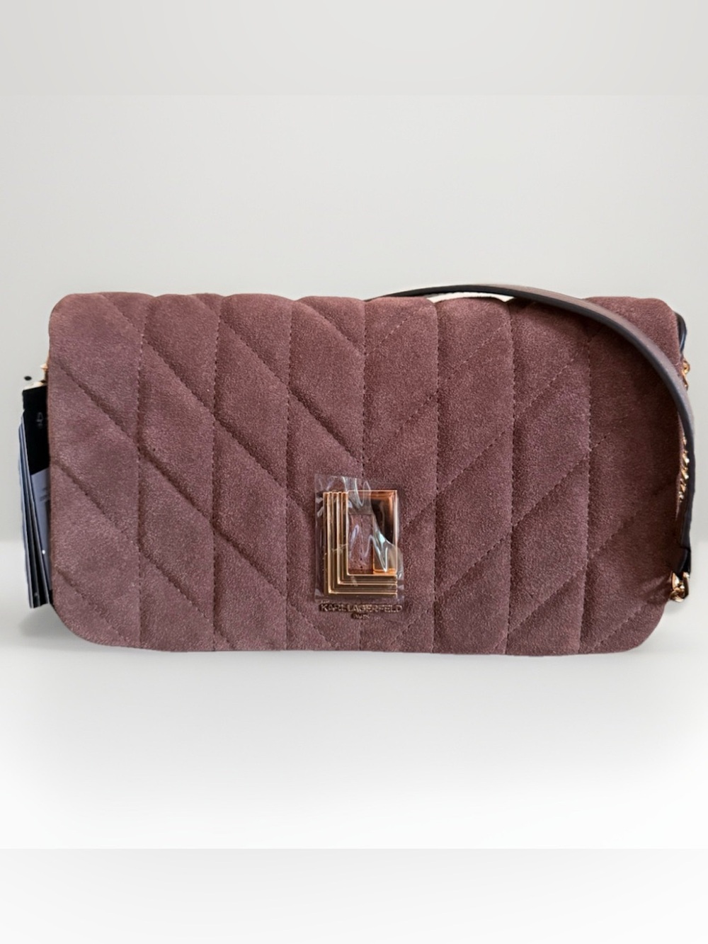 Karl Lagerfeld Shoulder Bag Brown Suede Leather Dark Chocolate L5GHM4BY NWT